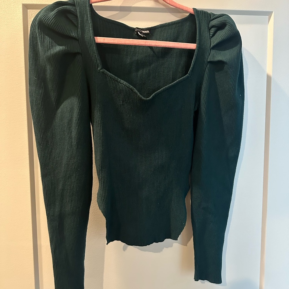 Fashion Nova Dark Green Ribbed V-Neck puff shoulder Sweater